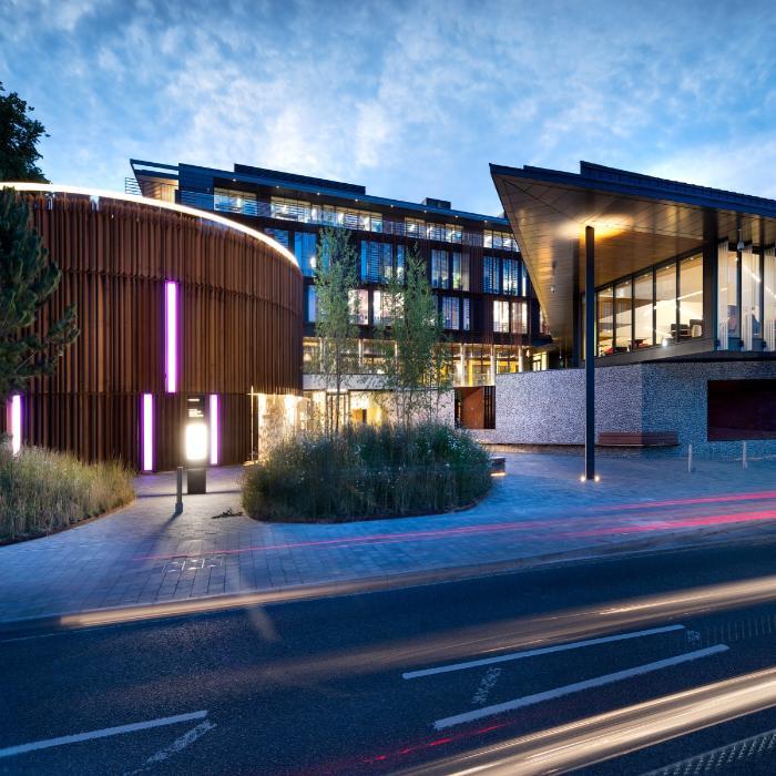 Twilight exterior of West Downs Centre